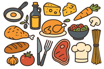 A hand drawn vector illustration of food and kitchen doodles is available, along with a graphic of retro cook restaurant meal menu symbols in a handdrawn style
