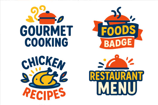 Vector illustration set of gourmet cooking foods badge, kitchen food lettering, chicken recipes, cook, and restaurant menu letterings