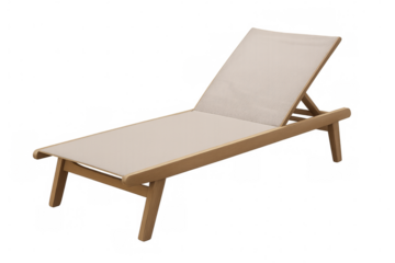 Wooden beach lounger featuring adjustable backrest, beige canvas seat, providing comfortable seaside relaxation against neutral backdrop