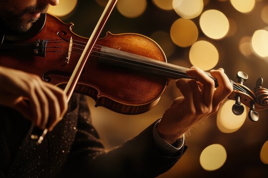 A violinist plays a rich, wooden violin under warm lights, showcasing the beauty of classical music and skilled performance.