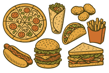 A collection of vintage illustrations featuring various fast foods, including pizza, shawarma, nuggets, tacos, hotdogs, burgers, fries, and sandwiches, represents the concept of fast food