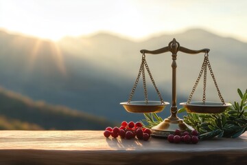 Golden scales with berries and greenery on a wooden surface, mountains in the background, symbolic balance and harmony.
