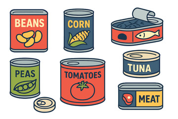 Vector illustration of a collection of various metal containers, including canned goods and food, found in a grocery store, with flat aluminum labels for product storage and conservation