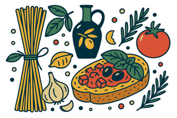 Ingredients for Italian pasta, set against a backdrop of spaghetti and bruschetta on a table, presented in a vintage style