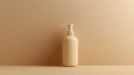 light beige pump bottle with a white dispenser, centered on a matching background, softly lit to emphasize its elegant, clean design.