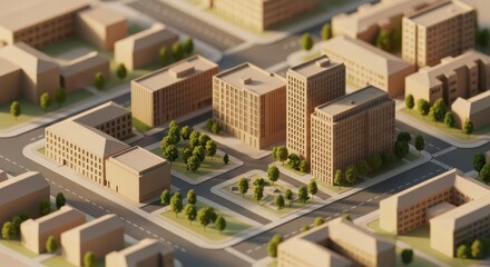 A stylized, low-poly cityscape with buildings, roads, and trees.