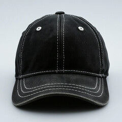 Black baseball cap, with white treads isolated on white background