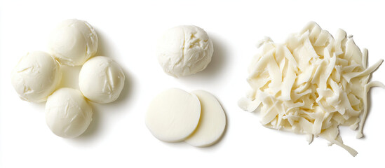 Mozzarella balls - fresh whole balls, sliced rounds, and melted mozzarella strands
