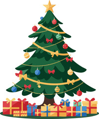 Christmas tree decorated with ornaments and gifts under festive celebration scene 