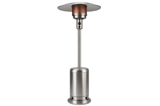 Metal patio heater featuring a transparent background, radiating warmth and comfort for outdoor gatherings and cozy relaxation