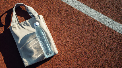 Naklejka premium Tote bag and reusable water bottle lying on running track promoting sustainability