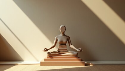 Abstract meditating figure in serene indoor setting illuminated by sunlight