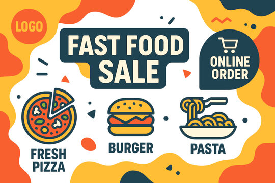 A fast food restaurant's marketing strategy may incorporate a social media post or web banner template featuring an abstract background, logo, and icon to promote fresh pizza, burgers, and pasta