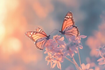 Two vibrant Monarch butterflies delicately perch upon soft pink flowers in a dreamy, ethereal setting, bathed in gentle light.