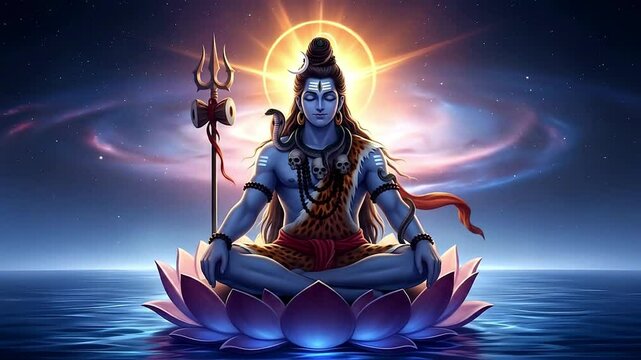 Lord Shiva Meditating on Lotus Flower in Cosmic Ocean with Trident and Snake