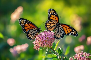 Fototapeta premium Two monarch butterflies gracefully perch upon pink milkweed flowers in a vibrant, sun-drenched garden scene.
