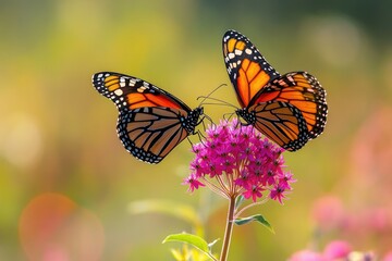 Obraz premium Two monarch butterflies delicately perched atop vibrant pink flowers, bathed in soft, natural light with a blurred background.