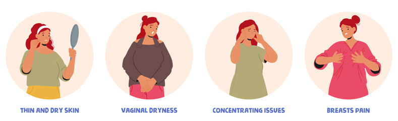 Woman with thin dry skin, vaginal dryness, concentrating issues, breast pain menopause symptoms