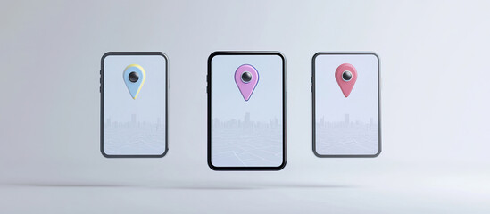 Set of modern smartphone displaying augmented reality markers floating above screen