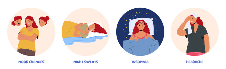 Woman suffering from insomnia, mood changes, night sweats, headache menopause isolated set