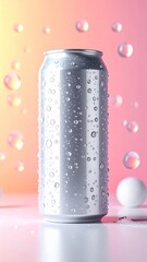 Silver Aluminum Can with Water Droplets on Pink Gradient Background