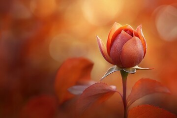 A captivating close-up unveils a peach-toned rosebud embraced by dew, set against a warm, blurred, and softly glowing background.