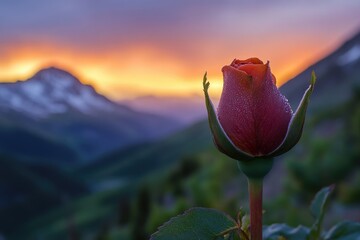 A delicate rose bud with water droplets stands against a breathtaking mountain sunset, symbolizing beauty and serenity.