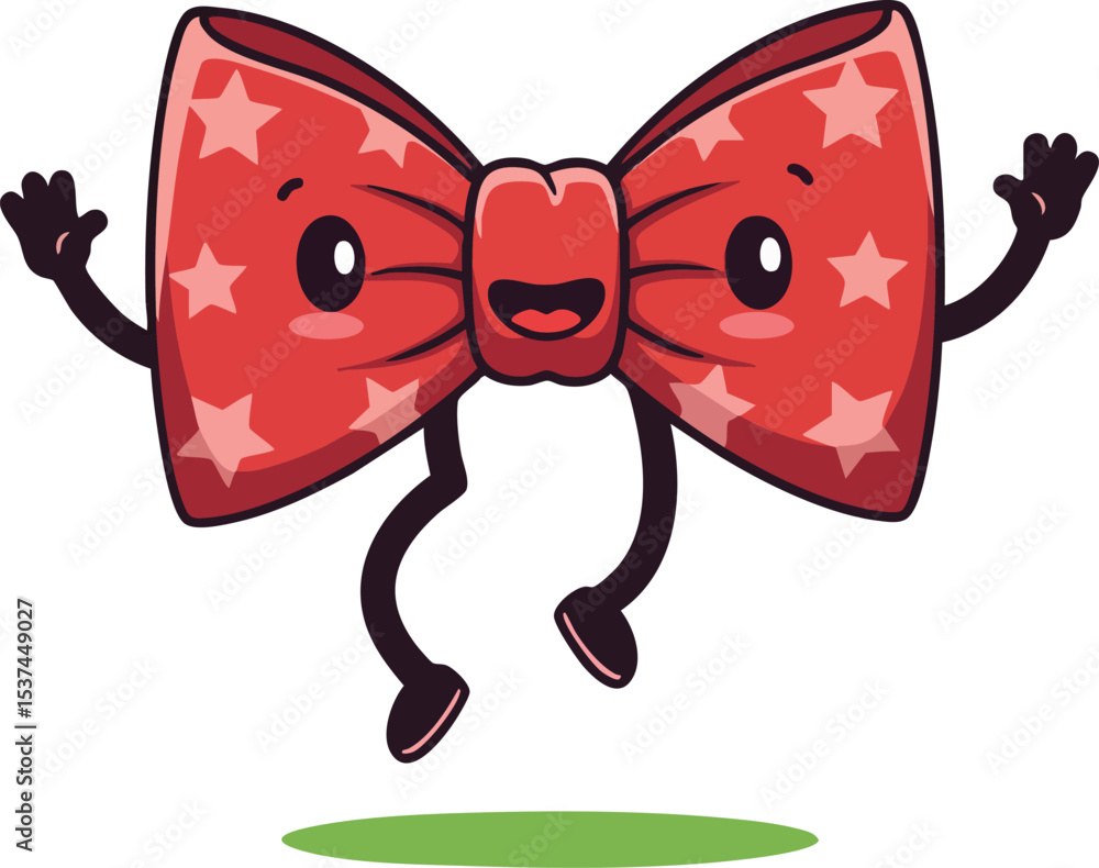 Poster red bow tie character with star pattern and happy expression vector illustration