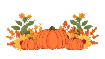 Naklejka premium Autumnal pumpkins and flowers in a decorative arrangement.