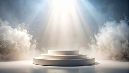 Obraz premium White Three Tiered Podium with Soft Lighting and Cloud Background