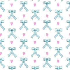 Bows and hearts in the pattern.Vector seamless pattern with blue polka dot bows on a white background with hearts.