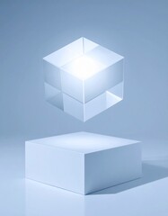 Floating Glass Cube on White Platform