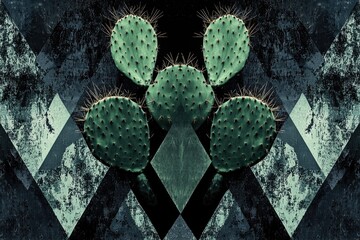 A symmetrical composition featuring cacti against an abstract geometric backdrop with textured surfaces, creating a unique botanical-geometric art.