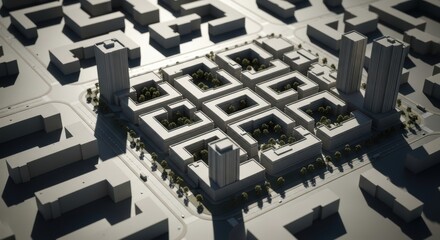 Urban design plan, showing a gridded city layout with tall buildings and green spaces.