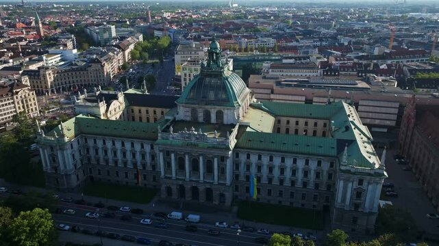 Aerial view of the District Court Munich I (Landgericht M&uuml;nchen I), a major judicial building in Munich, Germany, known for its historic architecture and central location. 30 September 2024.