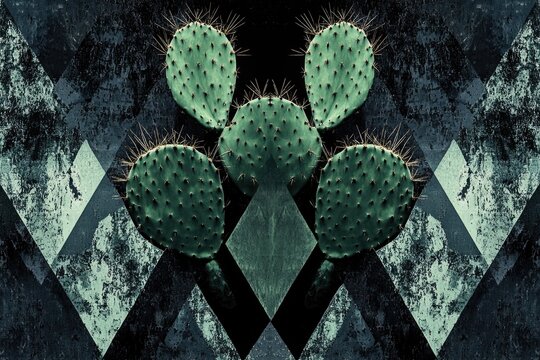 A symmetrical composition featuring cacti against an abstract geometric backdrop with textured surfaces, creating a unique botanical-geometric art.