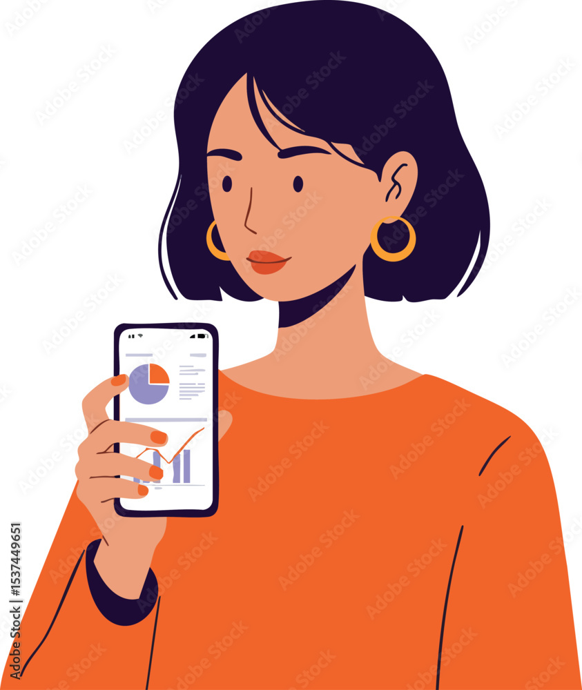 Poster woman showing smartphone with charts and graphs illustrating business data analysis vector