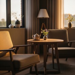 Warm, sunlit interior room with a round table, chairs, and potted flowers.