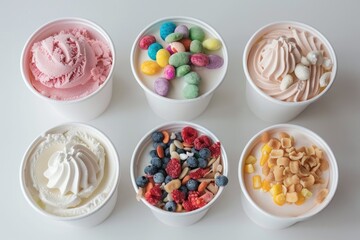 Obraz premium Six ice cream cups with different flavors and toppings, displaying variety of sweet treats