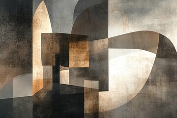 An abstract digital painting using geometrical shapes, overlapping in shades of grey, brown and light tan to create depth and texture.