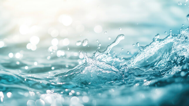 Trendy summer nature banner. Defocused aqua-mint liquid colored clear water surface texture with splashes bubbles with copy space. Water waves in sunlight background