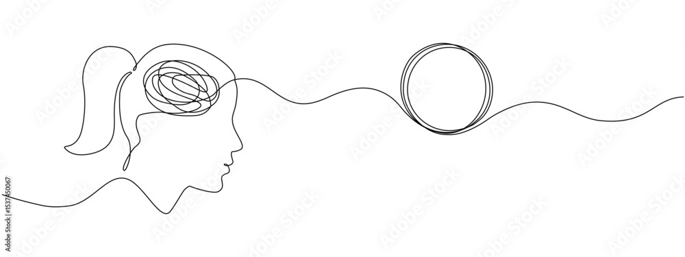 Poster head of a woman with a tangled mind transitioning into an unraveling thread of thoughts, one continu