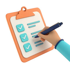 3d render of hand checking checklist on clipboard isolated on transparent background