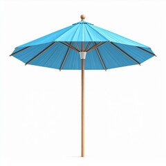Light Blue Beach Umbrella with Wooden Pole on White Background