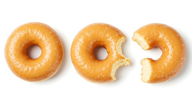 Donuts isolated set. Fresh donut, bitten and half a donut on a white background, top view.