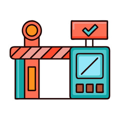 Obraz premium Border crossing checkpoint illustration with barrier and approved sign. Checkpoint design includes security gate, digital screen, and checkmark symbol. Concept border crossing checkpoint for website,