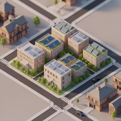 A low-poly model of a city block featuring solar-paneled buildings.
