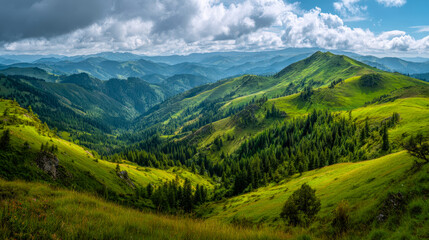 Lush green rolling hills and dense forested mountains under a partly cloudy sky