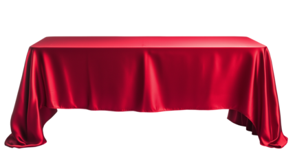 Elegant red tablecloth draped over a dining table, isolated on a transparent or white background. Ideal for festive, culinary, and interior-themed designs.