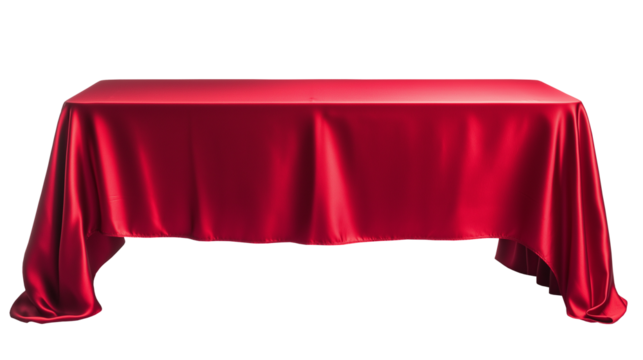 Elegant red tablecloth draped over a dining table, isolated on a transparent or white background. Ideal for festive, culinary, and interior-themed designs.